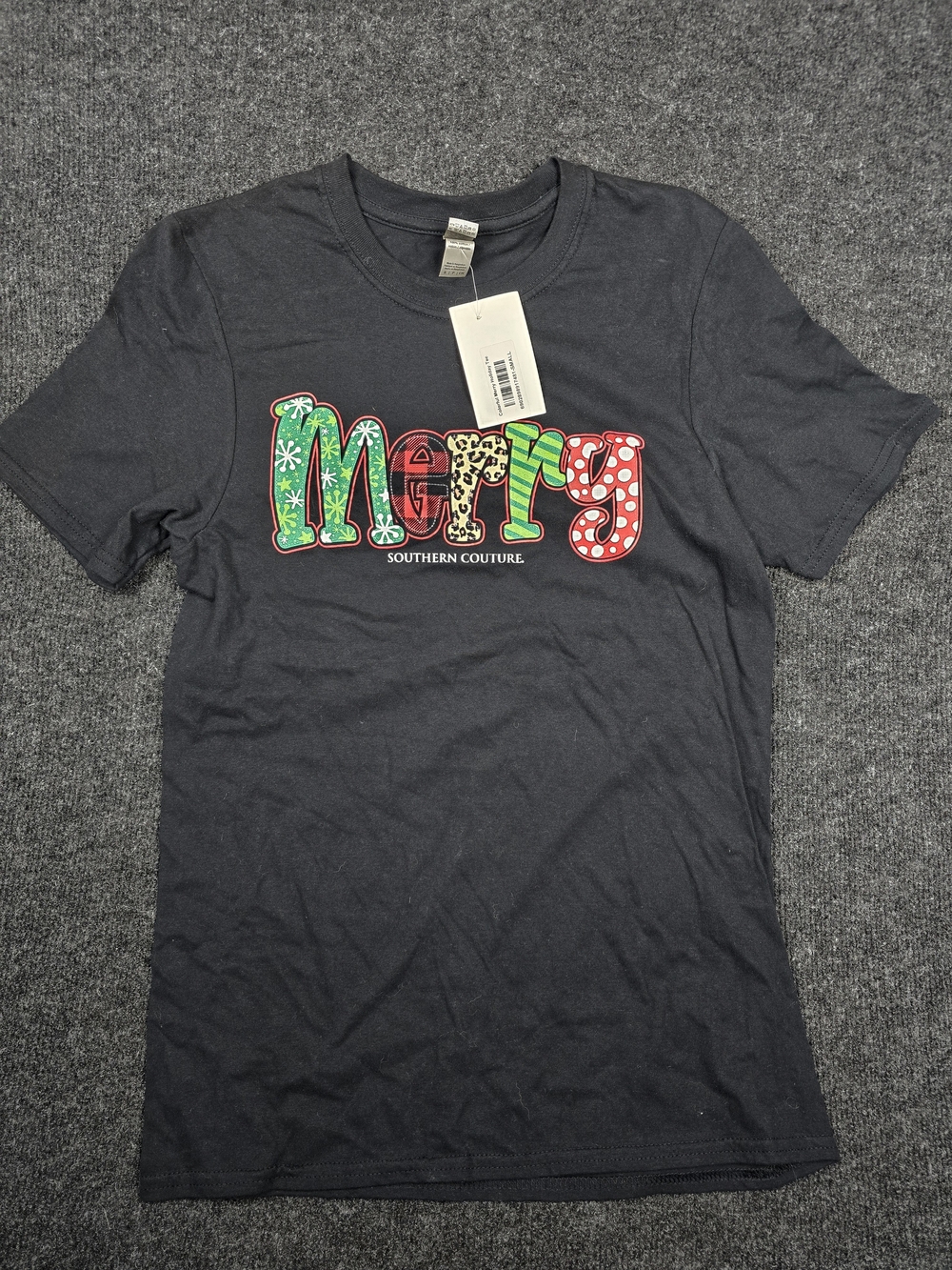 Gildan Black 'Merry' Graphic Tee with Festive Multicolor Print